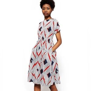 FARROW S Blue White Geo Fit & Flare Open Back  Nautical Dress Coastal USA